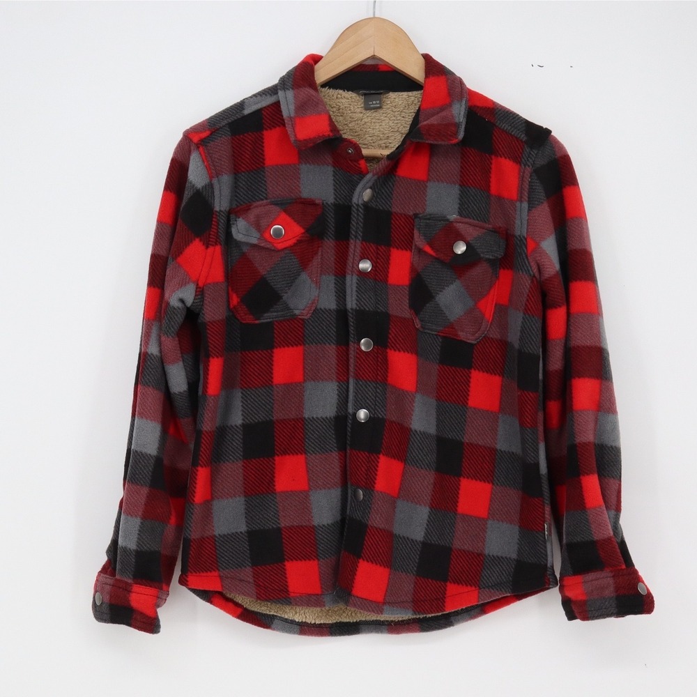 Eddie Bauer Shirt Jacket Kids 10/12 Red Plaid Fleece Sherpa Excellent